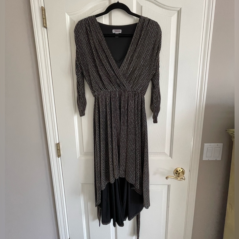 Chelsea28 Sparkly black high low tie wist dress.